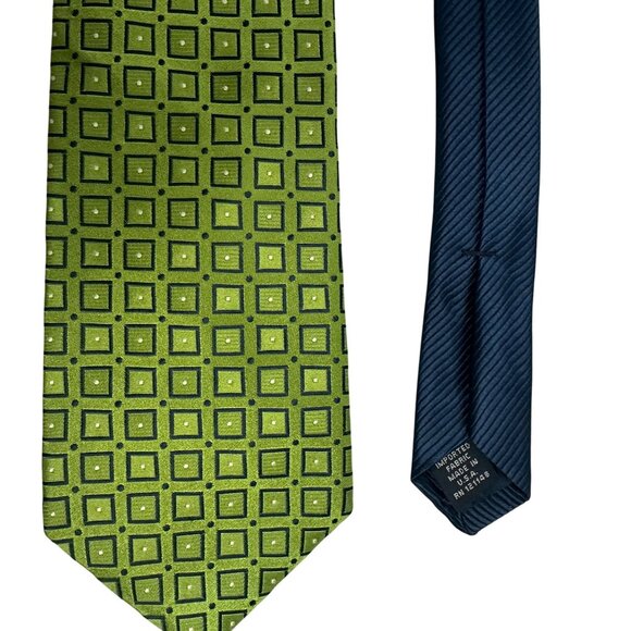 Tommy Hilfiger Mens Green & Navy 100% Silk Geometric Pattern Tie - Picture 2 of 4